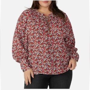 Sanctuary Flower Power Print Tie Neck Red Long‎ Sleeve Button cuff Blouse Top 2X